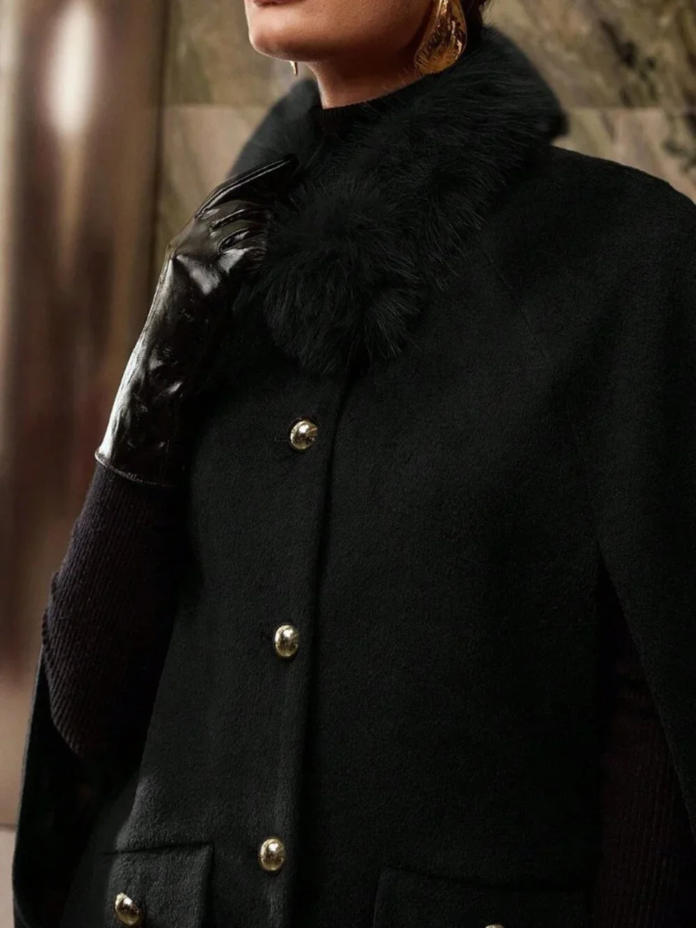Black Elegant Women's Fuzzy Collar Cape Overcoat